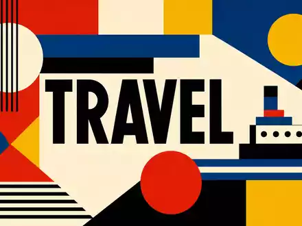 Booking Holdings Inc. als geometrisches Bauhaus-Poster mit TRAVEL-Schriftzug in leuchtenden Primärfarben US09857L1089 - Foto: THN
