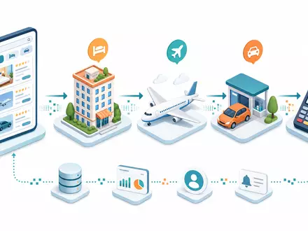 Booking Holdings Inc. zeigt isometrische Wertschöpfungskette der Online-Reisebuchung mit vernetzten Icons US09857L1089 - Foto: THN