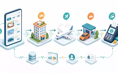 Booking Holdings Inc. zeigt isometrische Wertschöpfungskette der Online-Reisebuchung mit vernetzten Icons US09857L1089 - Foto: THN