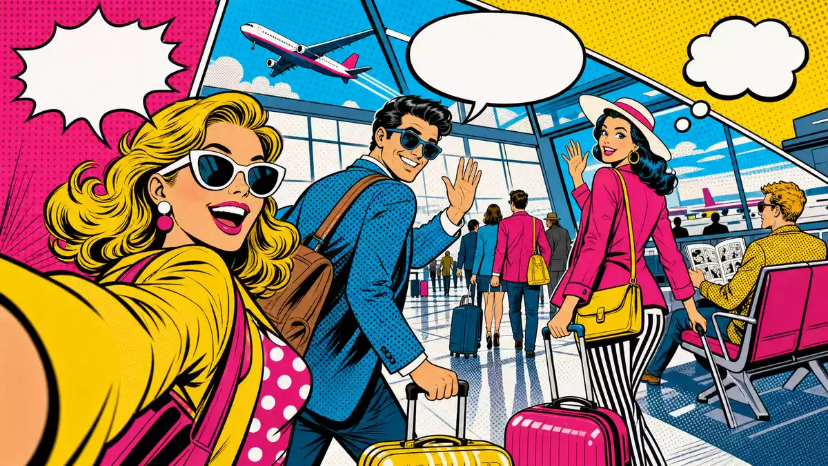 Lichtenstein-inspirierter Pop-Art-Comic mit stylisierten Reisenden und Sprechblasen