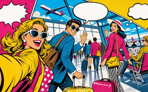 Booking Holdings Inc. als farbiger Pop-Art-Comic mit stylisierten Reisenden am Flughafen US09857L1089 - Foto: THN