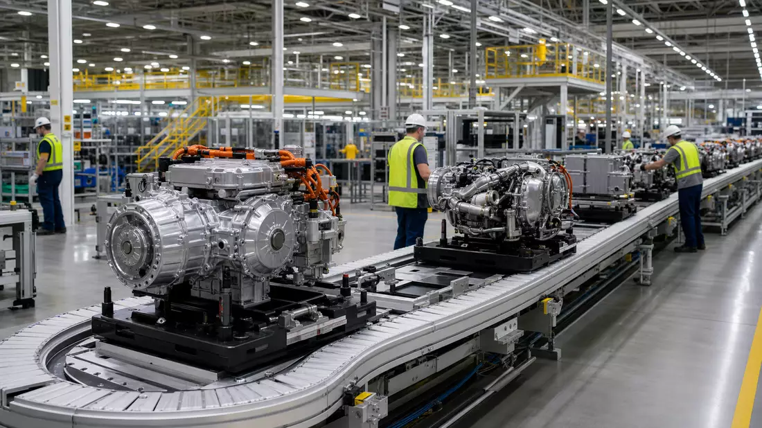 Fotoreale Montagelinie für Elektroantriebe und Turbolader in einem Automobilzulieferer-Werk Michigan