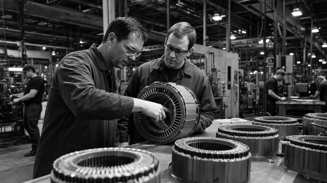 Schwarzweiß-Dokumentarfoto von Ingenieuren bei der Prüfung von Elektromotor-Statoren im Werk