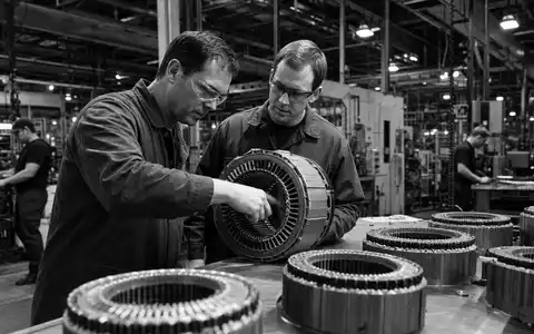 BorgWarner Inc. Schwarzweiß-Reportage zeigt Ingenieure bei der Prüfung von Elektromotor-Statoren, ISIN US0991991063 - Foto: THN