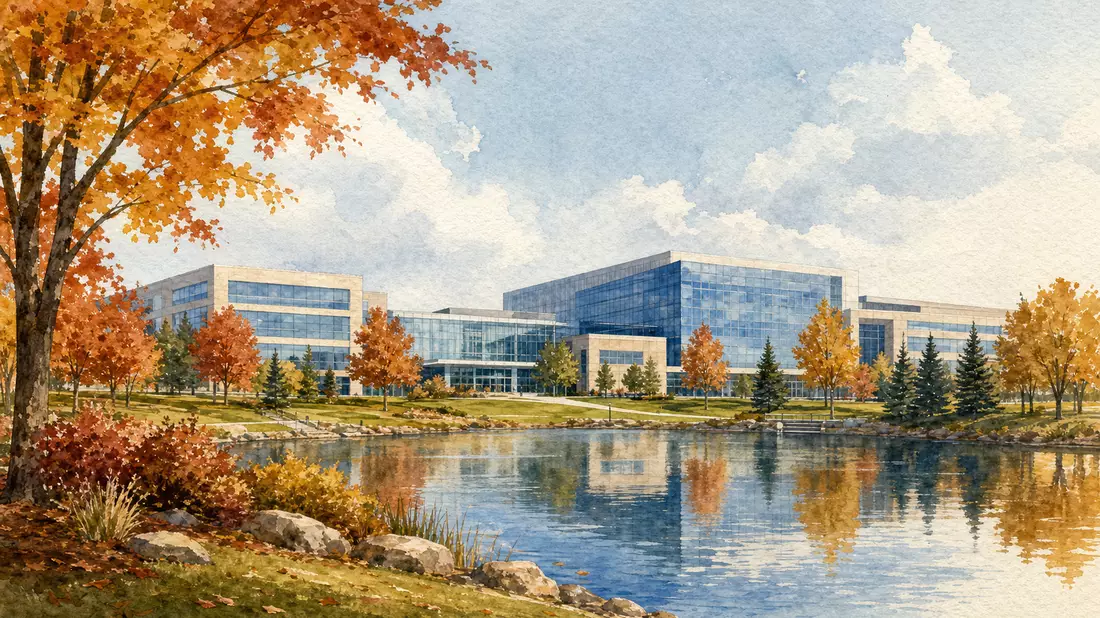 Aquarell-Illustration des Automobilzulieferer-Campus in Auburn Hills Michigan mit Herbstlaub
