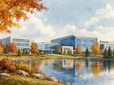 BorgWarner Inc. Hauptsitz Auburn Hills Michigan als Aquarell mit Herbstlaub und Seespiegelung, ISIN US0991991063 - Foto: THN