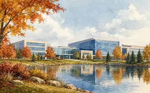 BorgWarner Inc. Hauptsitz Auburn Hills Michigan als Aquarell mit Herbstlaub und Seespiegelung, ISIN US0991991063 - Foto: THN