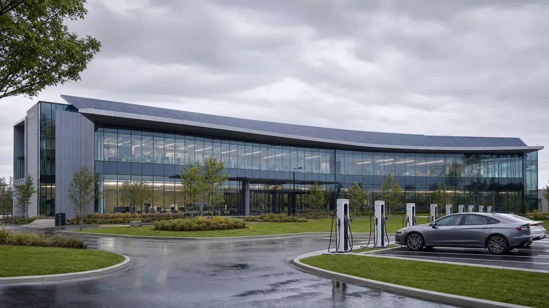 CGI-Render eines modernen Automotive-Technologiezentrums mit Solaranlage und E-Ladestationen