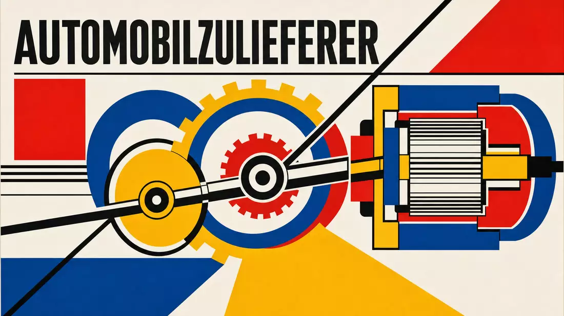 Bauhaus-Poster mit geometrischen Formen und AUTOMOBILZULIEFERER-Typografie in Primärfarben