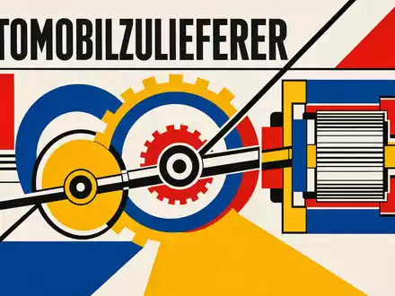 BorgWarner Inc. geometrisches Bauhaus-Poster in Primärfarben mit AUTOMOBILZULIEFERER und Getriebe-Grafik, ISIN US0991991063 - Foto: THN