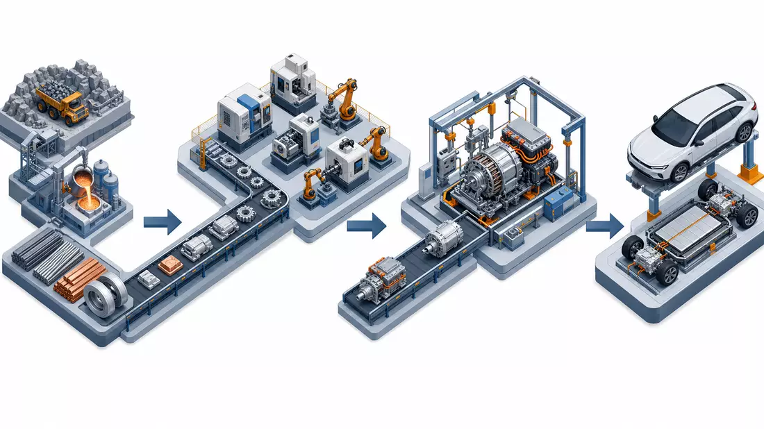 Isometrisches 3D-Diagramm der Antriebsstrang-Wertschöpfungskette für Elektrofahrzeuge