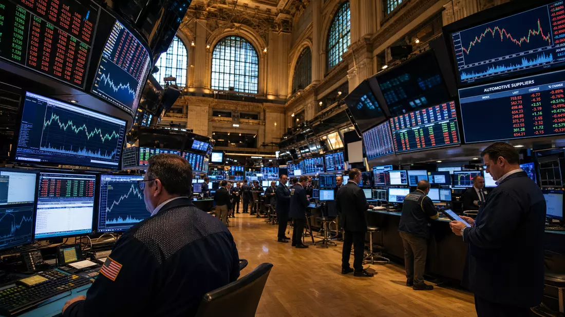 NYSE-Handelsparkett mit Automobilzulieferer-Sektor-Charts auf Großbildschirmen