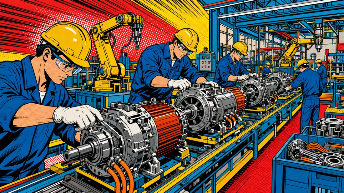 Pop-Art-Comic mit Arbeitern die Elektromotoren in einer bunten Fabrik montieren