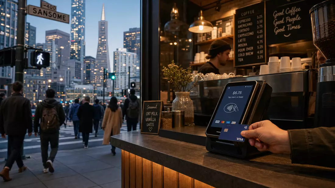 Fotorealistisches Zahlungsterminal in San Francisco Kaffeehaus, Block Inc. Fintech