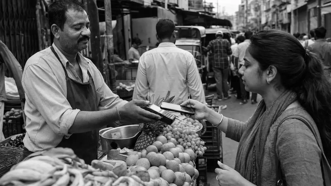 Schwarzweiß-Reportage mobiles Bezahlen auf Straßenmarkt, Block Inc. Fintech