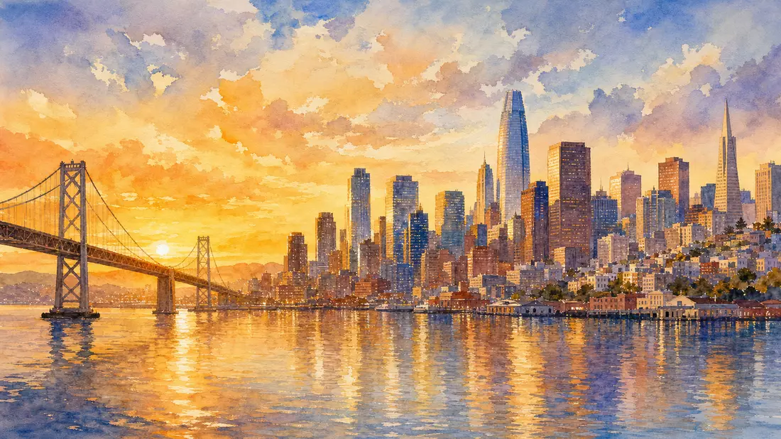 Aquarell San Francisco Skyline mit Bay Bridge bei Sonnenuntergang, Block Inc