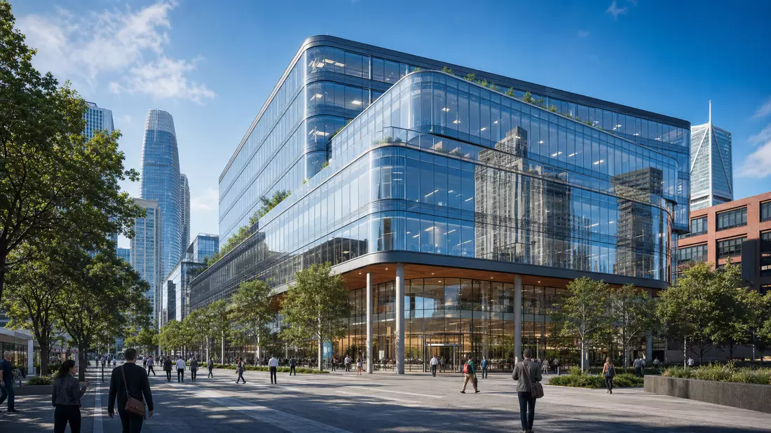 Architektur-Render modernes Glasgebäude Fintech-Firmensitz San Francisco, Block Inc