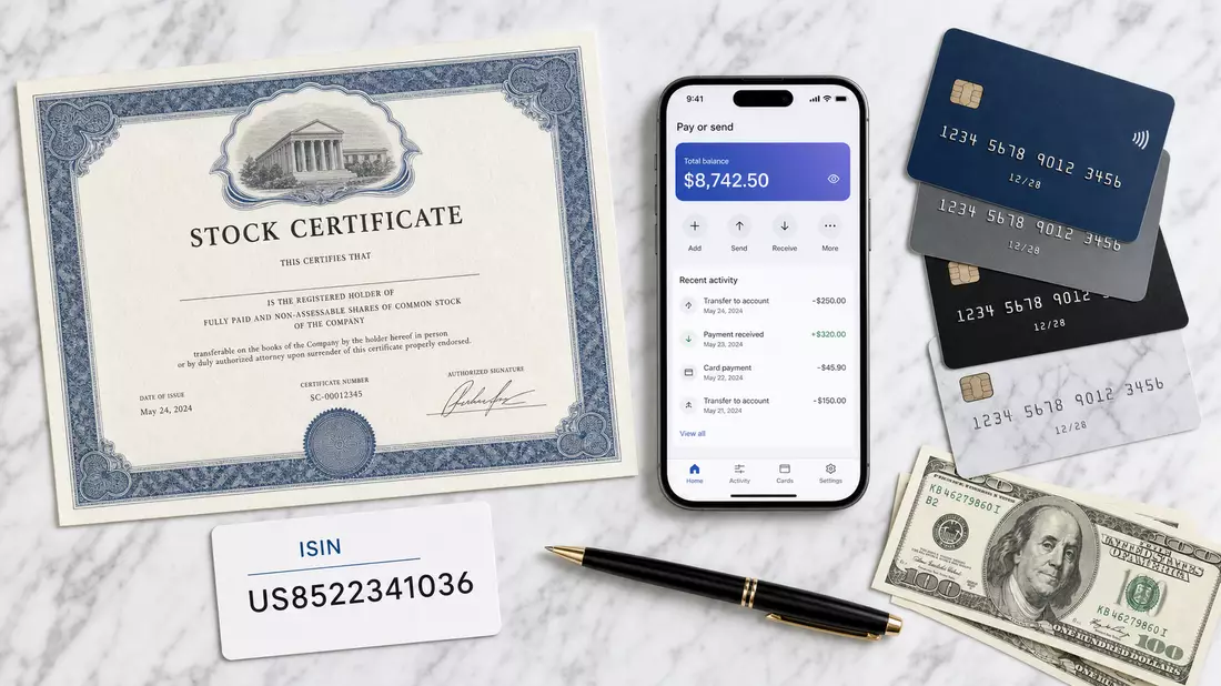 Flatlay Aktienzertifikat ISIN US8522341036 Smartphone Kreditkarten Block Inc