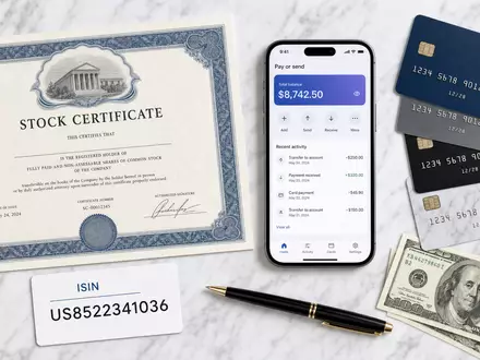 Block Inc. ISIN US8522341036 Flatlay mit Aktienzertifikat, Smartphone und Fintech-Zahlungsobjekten auf Marmor - Foto: THN