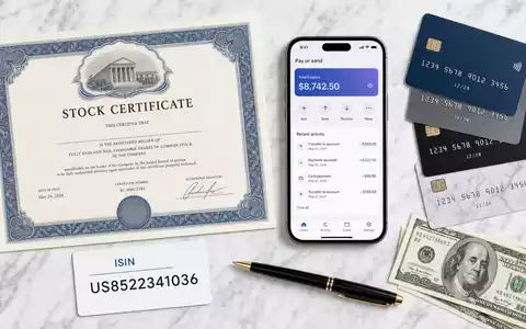 Block Inc. ISIN US8522341036 Flatlay mit Aktienzertifikat, Smartphone und Fintech-Zahlungsobjekten auf Marmor - Foto: THN