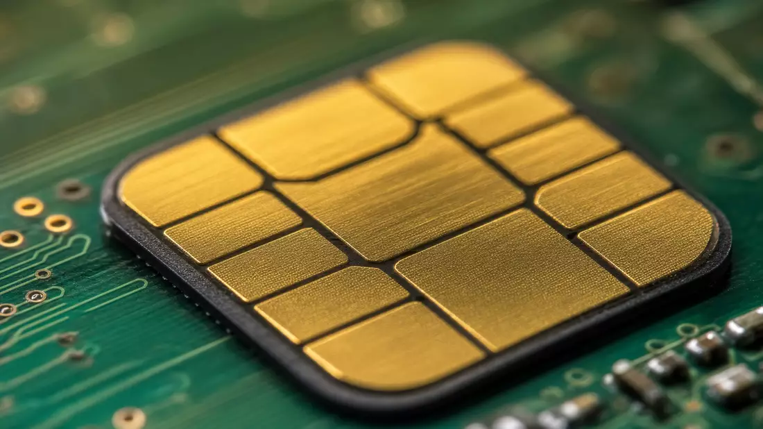 Makro Zahlungschip goldene Kontakte grüne Platine Fintech Block Inc