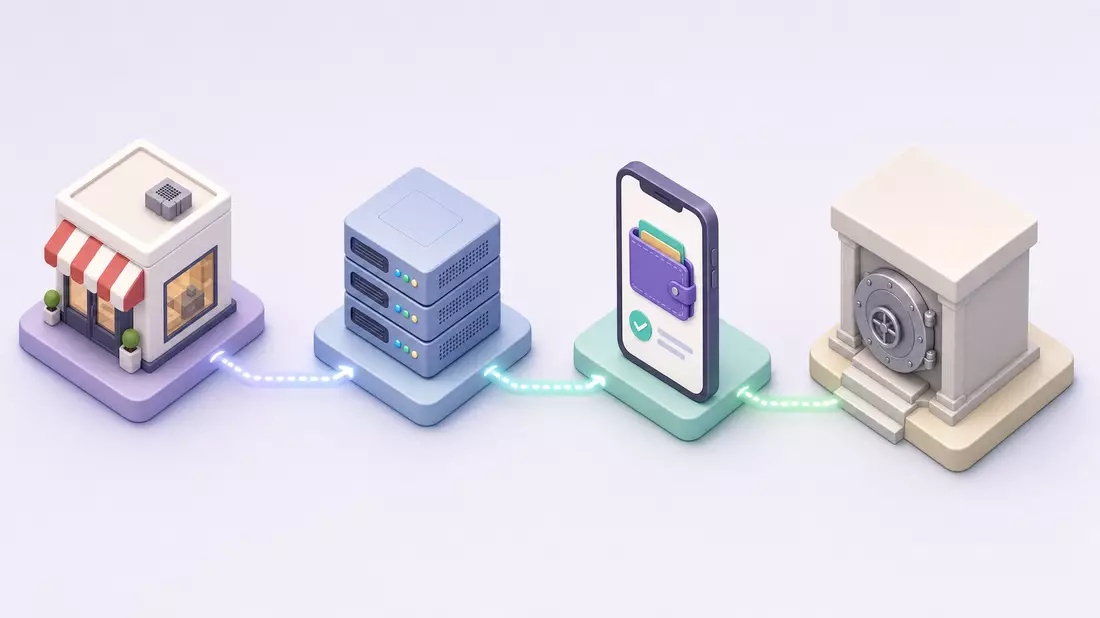 Isometrisches 3D Fintech Wertschöpfungskette Händler Server Wallet Bank Block Inc