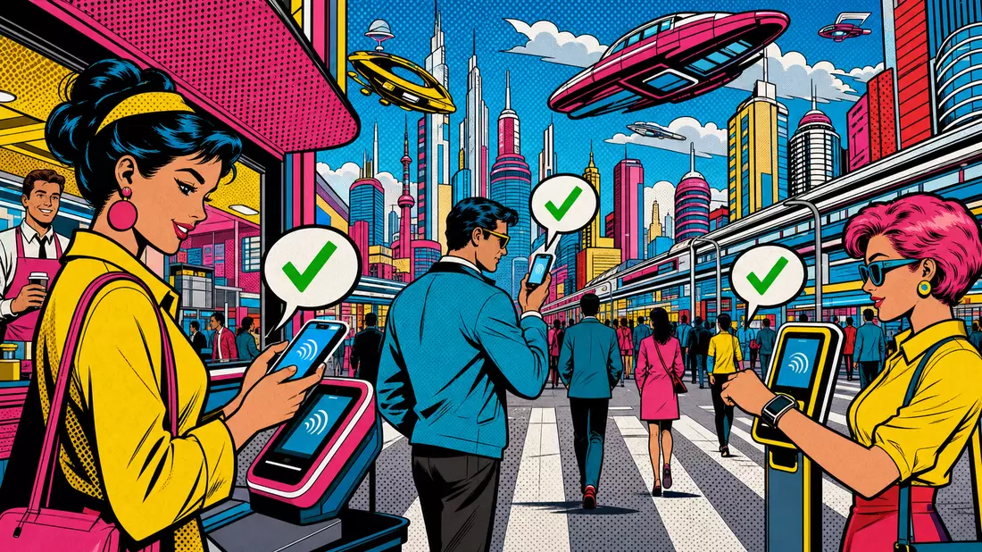 Pop-Art-Comic bunte Fintech-Stadtszene mobile Zahlung Block Inc. futuristisch