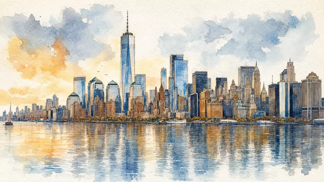 Aquarellmalerei der New Yorker Skyline mit Spiegelung im Wasser bei Sonnenuntergang