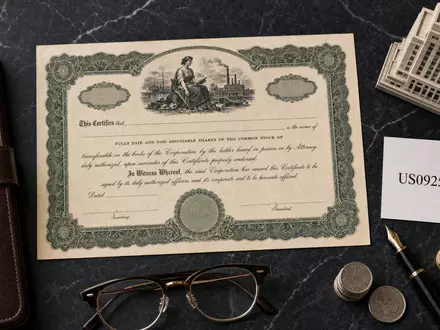 Flatlay mit Aktienzertifikat und ISIN-Karte US09259E1082 zeigt die Wertpapier-Identität von Blackstone Inc. auf Marmor - Foto: THN