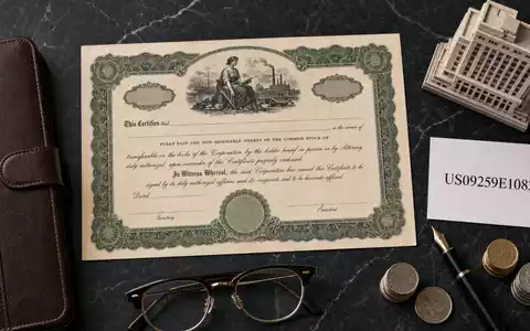 Flatlay mit Aktienzertifikat und ISIN-Karte US09259E1082 zeigt die Wertpapier-Identität von Blackstone Inc. auf Marmor - Foto: THN