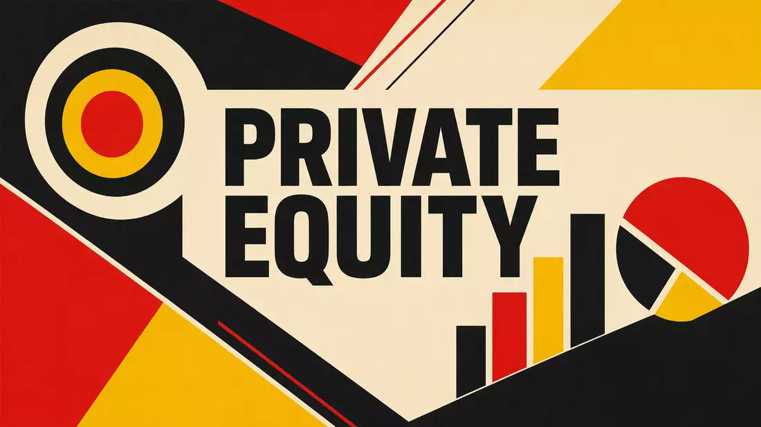 Geometrisches Bauhaus-Poster in Schwarz-Rot-Gelb mit großem Text PRIVATE EQUITY