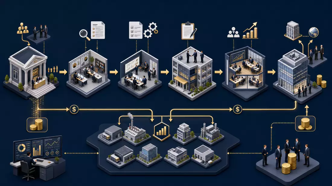 Isometrische 3D-Illustration des Private-Equity-Deal-Flows von Fundraising bis Exit