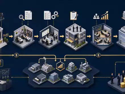 Isometrisches Diagramm der Private-Equity-Wertschöpfungskette zeigt den globalen Investmentprozess von Blackstone Inc. US09259E1082 - Foto: THN