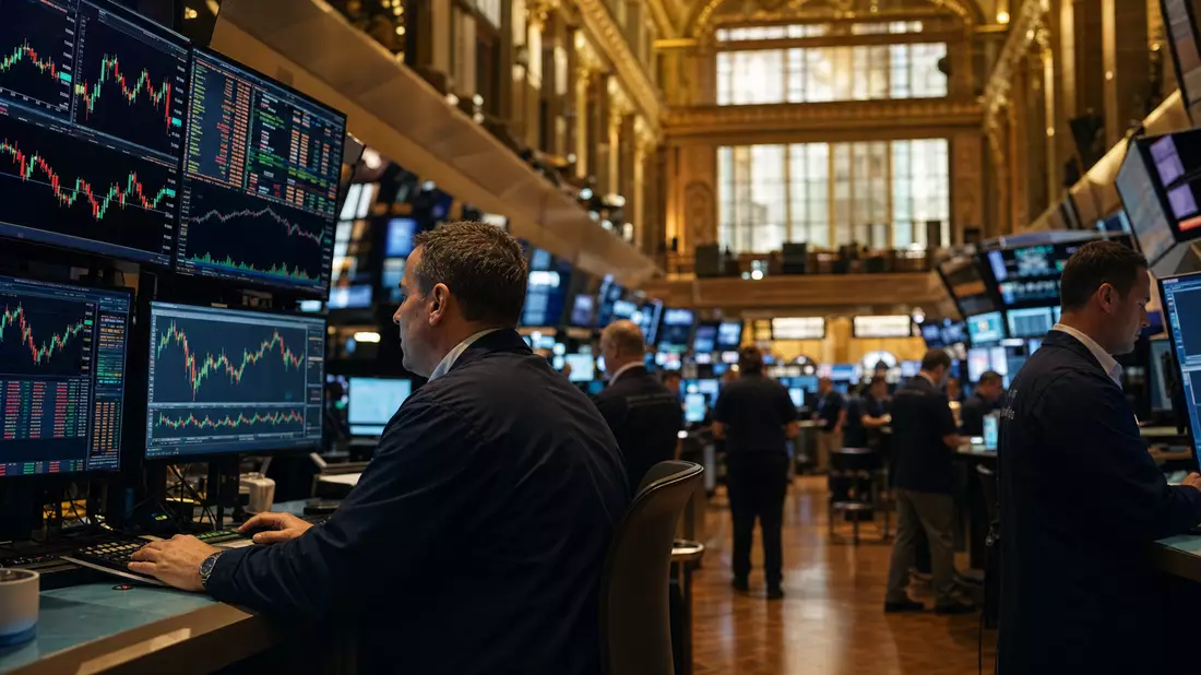 Redaktionelles Foto des NYSE-Tradingfloors mit Händlern und digitalen Kursmonitoren