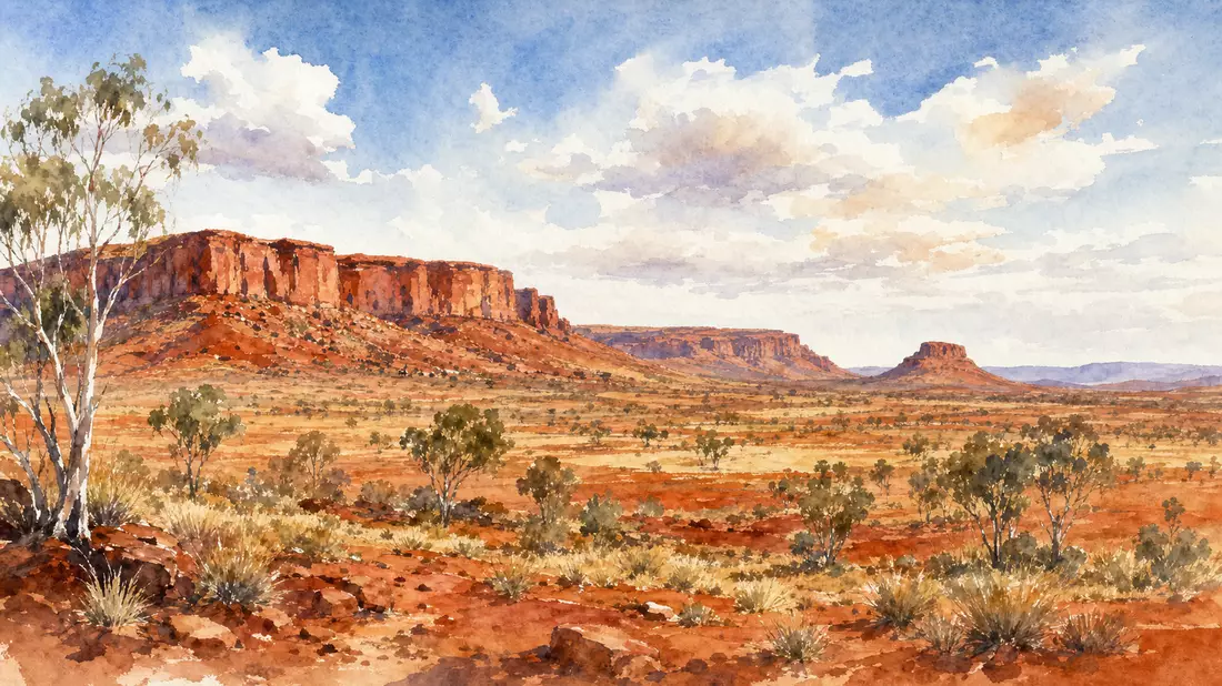 Aquarellmalerei der roten Pilbara-Landschaft mit Felsformationen und weitem Himmel