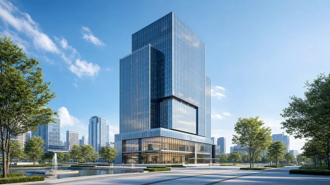 Architektur-Rendering eines modernen Bürohochhauses mit Glasfassade und Platz davor
