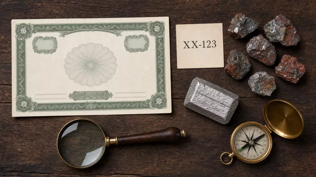 Flatlay mit Aktienzertifikat, Kärtchen, Erzgestein, Aluminiumbarren und Kompass