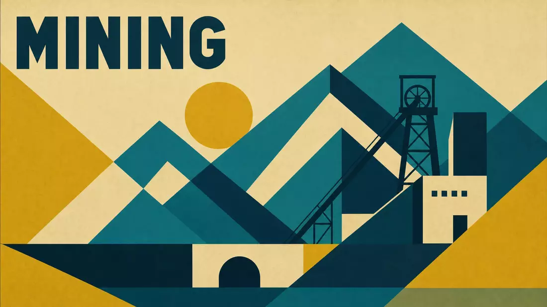 Bauhaus-Poster mit geometrischen Bergformen, Förderturm und dem Wort MINING