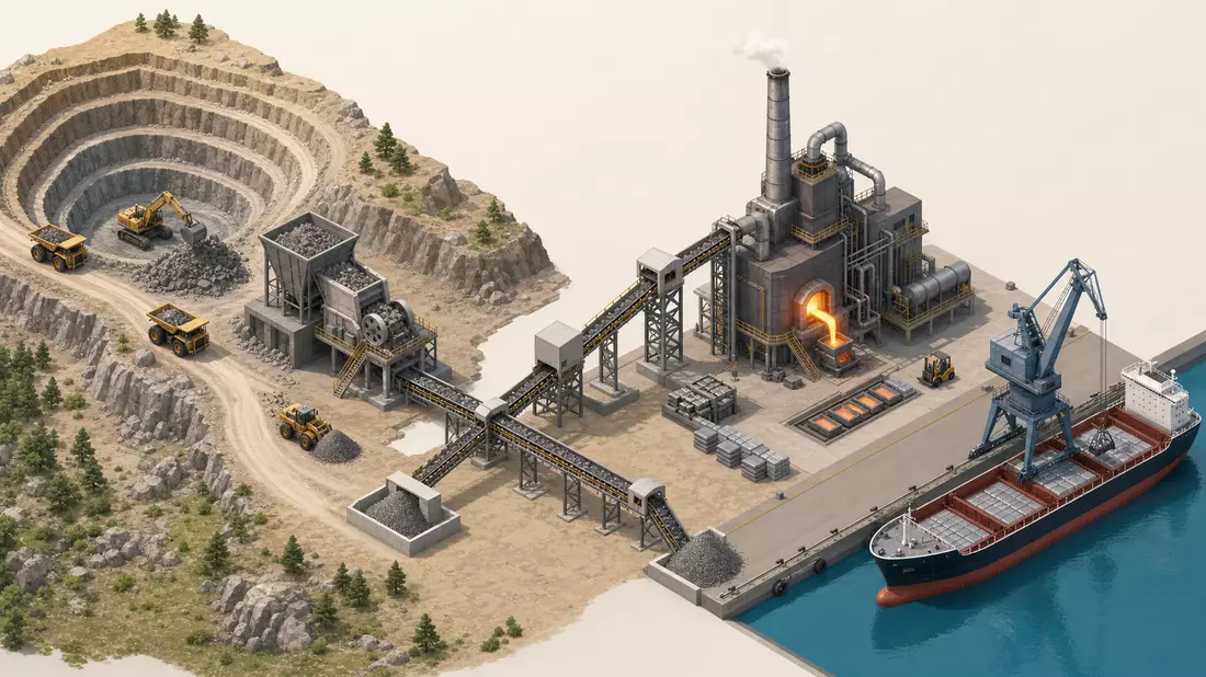 Isometrische 3D-Grafik der Bergbau-Wertschöpfungskette von Tagebau bis Frachtschiff