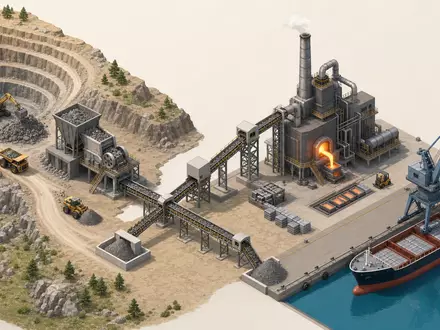 Rio Tinto plc (ISIN GB0007188757) durchlÀuft eine Wertschöpfungskette von Abbau bis Verschiffung, isometrisch dargestellt - Foto: THN