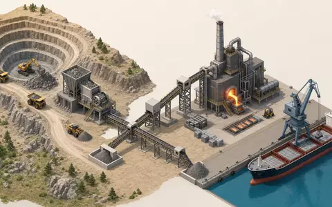 Rio Tinto plc (ISIN GB0007188757) durchlÀuft eine Wertschöpfungskette von Abbau bis Verschiffung, isometrisch dargestellt - Foto: THN