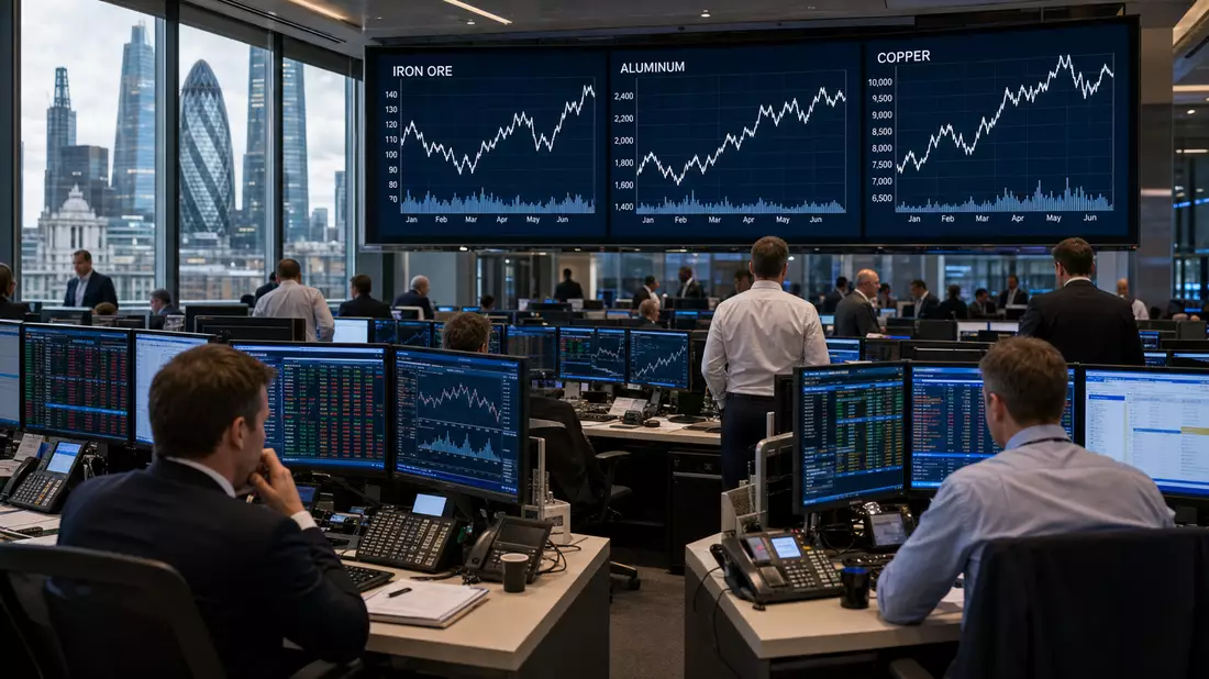 Trading-Floor mit Kursbildschirmen für Eisenerz, Aluminium und Kupfer vor Skyline