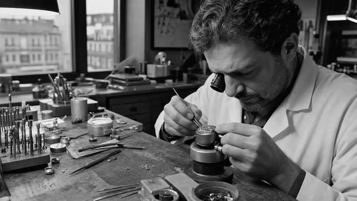 Juwelier setzt Edelstein unter Lupe ein, dokumentarische Schwarzweißfotografie im Atelier