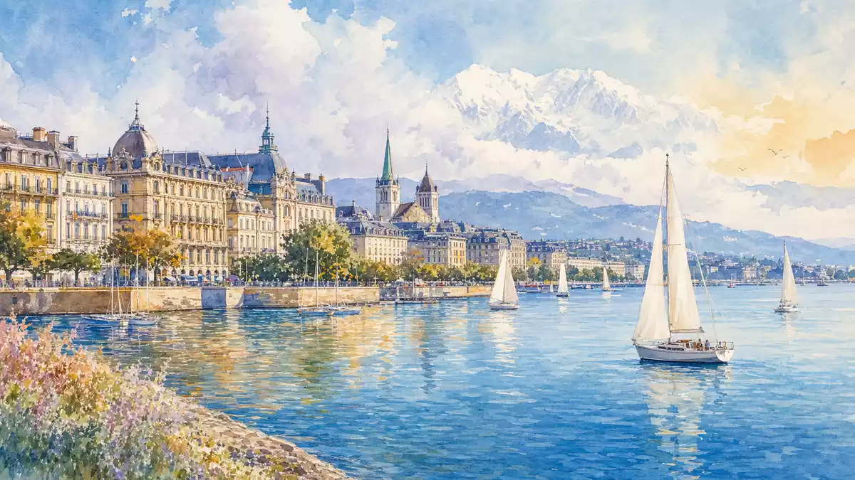 Aquarell der Genfer Uferpromenade mit Segelbooten und schneebedeckten Alpen im Hintergrund