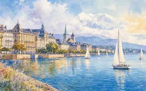 Aquarellmalerei der Genfer Seepromenade symbolisiert Cie Financière Richemont, ISIN CH0210483332, Schweizer Luxusgüterkonzern - Foto: THN