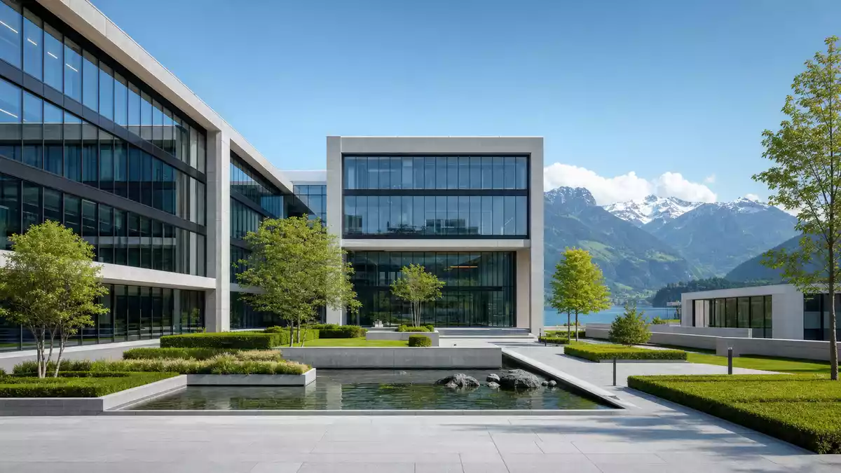 Modernes Glas- und Steingebäude mit Bergpanorama, gepflegtem Garten und Wasserbecken davor