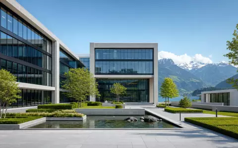 Architektur-Render eines modernen Hauptsitzes repräsentiert Cie Financière Richemont, ISIN CH0210483332, Schweizer Konzernzentrale - Foto: THN