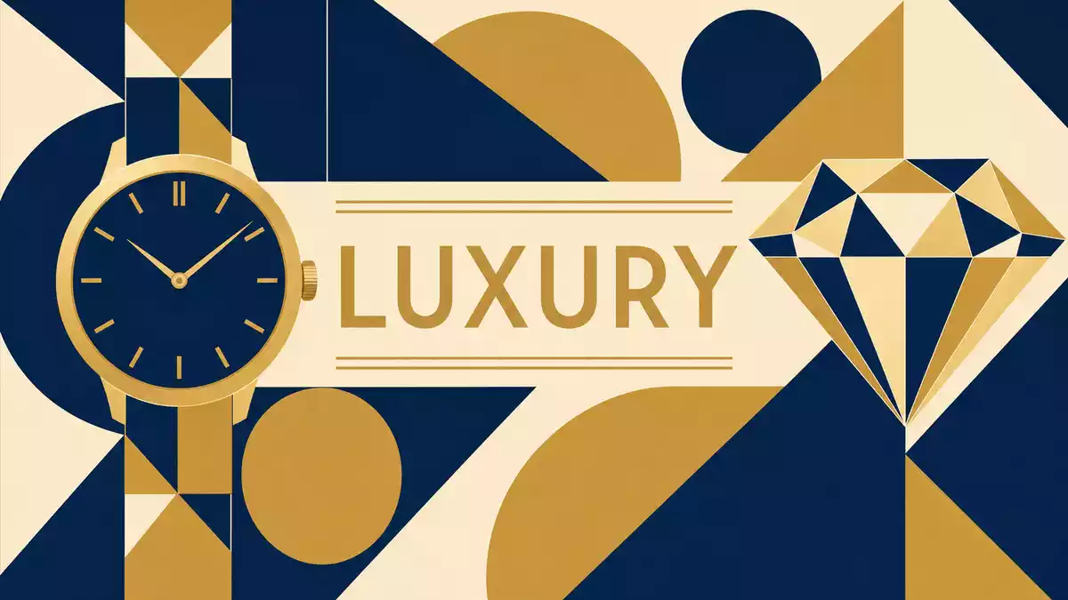 Bauhaus-Poster mit stilisierter Uhr, Diamant und geometrischen Formen in Gold und Blau