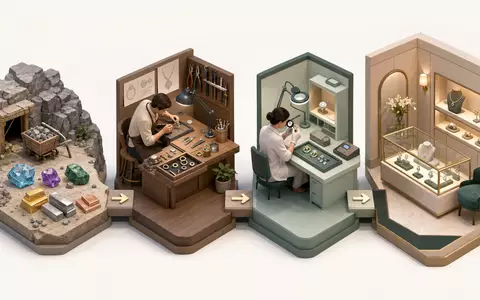 Isometrische 3D-Grafik zeigt Wertschöpfungskette der Cie Financière Richemont, ISIN CH0210483332, vom Rohstoff bis Boutique - Foto: THN