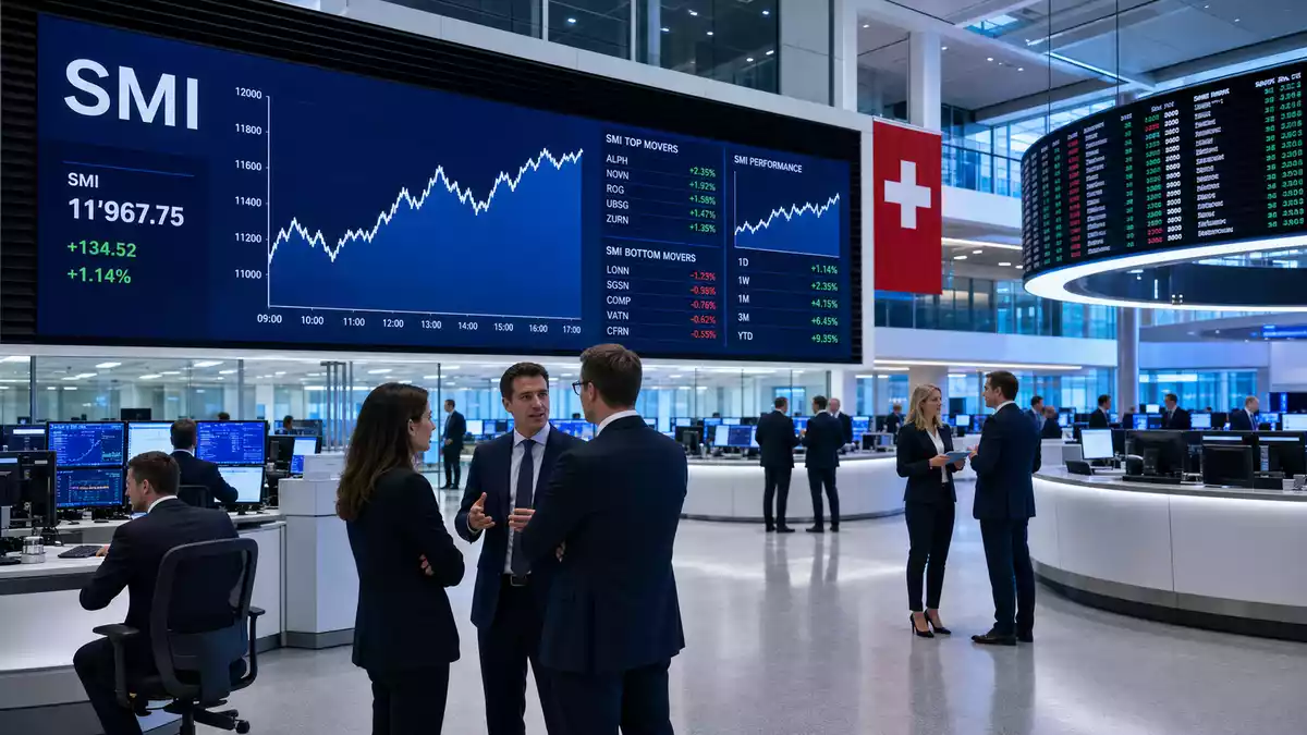 Trading-Floor mit großen Bildschirmen zeigt SMI-Indexkurse, Händler im Gespräch